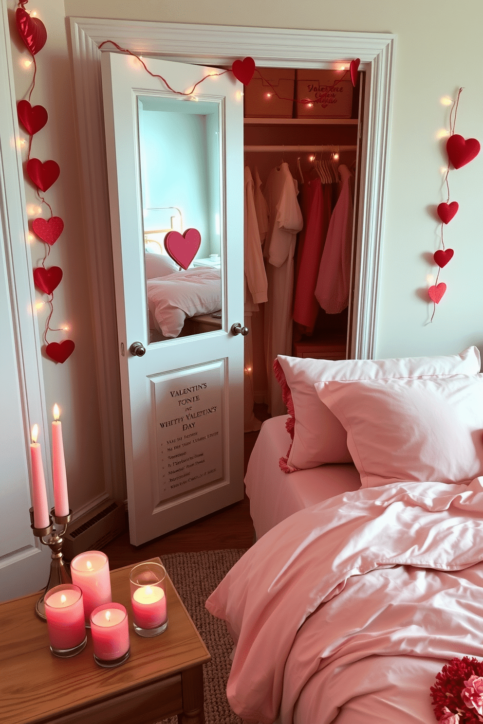 A cozy bedroom setting adorned with romantic scented candles. The candles are arranged on a wooden nightstand next to a plush, oversized bed draped in soft, pastel linens. The closet is elegantly decorated for Valentine's Day, featuring heart-shaped garlands and delicate fairy lights. A few tasteful accessories, like pink and red throw pillows, are placed strategically to enhance the romantic atmosphere.