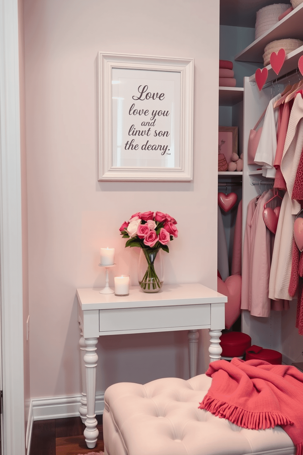 A romantic love quote wall art piece is displayed prominently on a soft pastel-colored wall, framed in an elegant white frame. Below the artwork, a small console table is adorned with candles and a bouquet of fresh roses, creating a warm and inviting atmosphere. The closet is transformed for Valentine's Day with heart-shaped decor hanging from the shelves, and soft pink and red accents throughout. A cozy throw blanket is draped over a stylish ottoman, inviting you to relax and enjoy the festive ambiance.