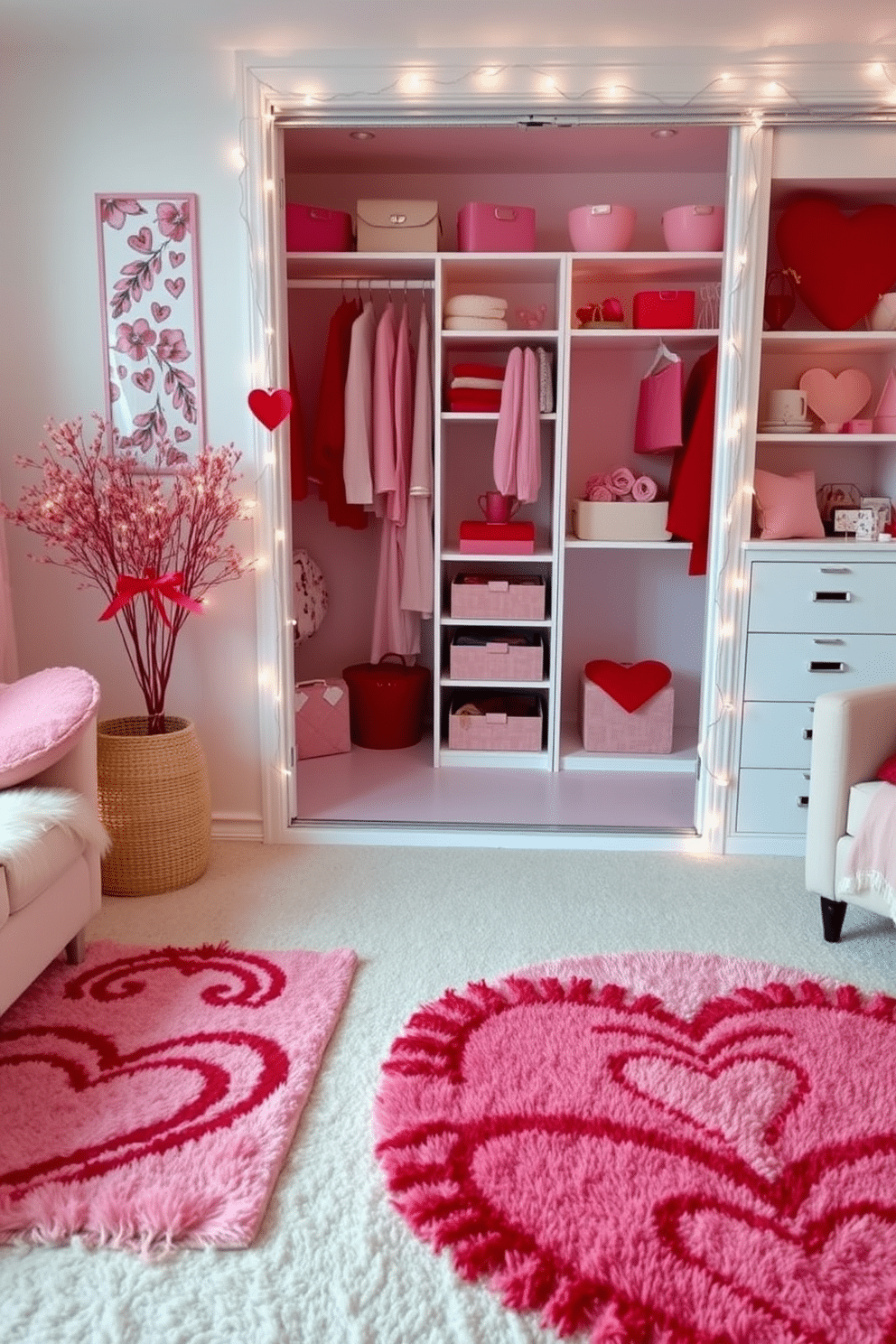 A cozy living space adorned with Valentine's themed rugs, featuring intricate heart patterns in shades of red and pink. The soft, plush texture invites warmth, creating an inviting atmosphere perfect for a romantic evening. A stylish closet decorated for Valentine's Day, showcasing a chic arrangement of pastel-colored accessories and heart-shaped decor. The shelves are adorned with delicate fairy lights, enhancing the romantic vibe while maintaining an organized and elegant look.