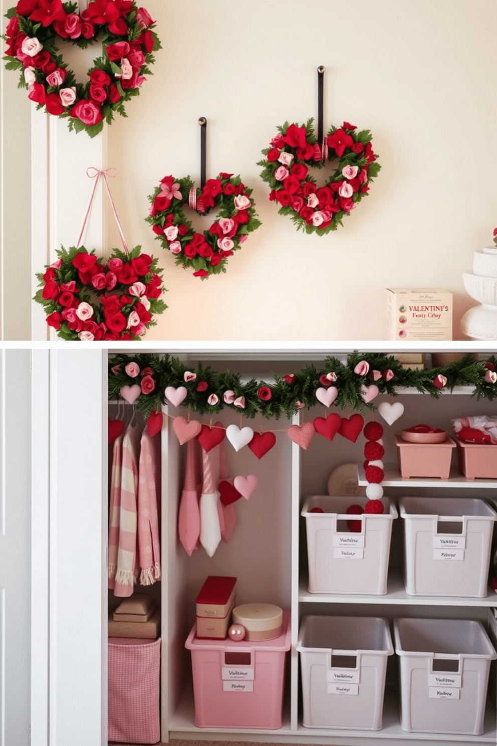 A charming display of heart-shaped wreaths adorns the front door, crafted from vibrant red and pink flowers intertwined with lush greenery. Inside, a cozy nook features a heart-themed garland draped across the mantel, complemented by soft, romantic lighting for a warm ambiance. In the closet, festive decorations include heart-shaped ornaments hanging from the shelves, creating a whimsical touch. Elegant storage solutions showcase seasonal accessories, with pastel-colored bins labeled for easy organization and a touch of Valentine’s Day spirit.