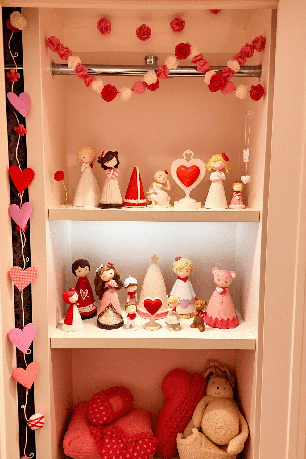 A charming display of decorative love-themed figurines is arranged on a shelf, showcasing a variety of styles and colors that evoke romance. Soft lighting highlights the intricate details of each piece, creating a warm and inviting atmosphere. For a festive touch, the closet is adorned with Valentine's Day decorations, including heart-shaped garlands and pastel-colored accents. The space is transformed into a cozy retreat, perfect for celebrating love and affection.