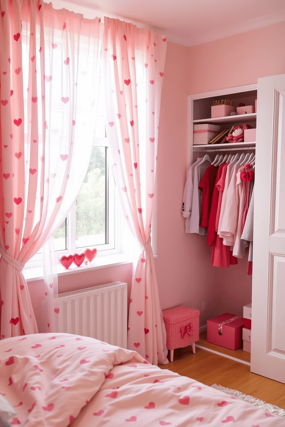 A romantic bedroom setting adorned with Valentine's Day themed curtains that feature delicate heart patterns in soft pink and red hues. The curtains gently frame a large window, allowing natural light to filter in, creating a warm and inviting atmosphere. In the corner of the room, a beautifully organized closet showcases Valentine's Day decorating ideas, including heart-shaped decorations and themed accessories. The closet is neatly arranged, with pastel-colored garments and decorative boxes that add a touch of charm to the space.