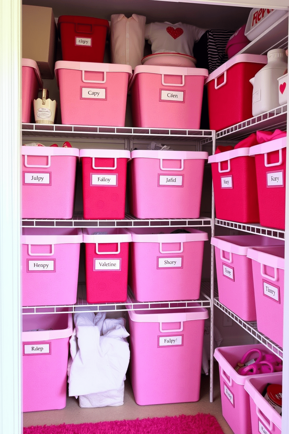 A vibrant closet decorated for Valentine's Day features pink and red storage bins that add a cheerful pop of color. Each bin is neatly labeled and arranged to create an organized yet festive atmosphere, perfect for storing seasonal items and accessories.