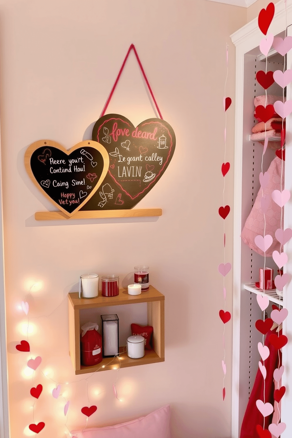 A charming heart-shaped chalkboard is hung on a pastel-colored wall, adorned with whimsical doodles and love notes in vibrant chalk. Below, a small wooden shelf displays an assortment of decorative items, including candles and seasonal trinkets, creating a cozy Valentine's Day atmosphere. The closet is transformed into a romantic space with soft pink and red accents, featuring heart-shaped pillows and fairy lights strung across the shelves. Delicate garlands of paper hearts cascade from the closet door, inviting a festive spirit into the room.