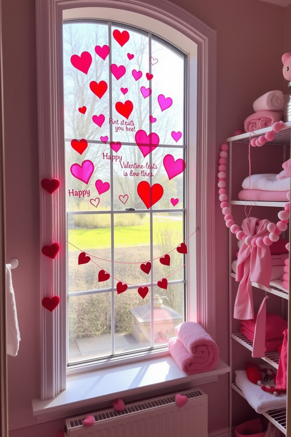 A charming display of Valentine's themed window clings adorns a large bay window, featuring heart shapes and playful messages in vibrant red and pink hues. The sunlight filters through, casting colorful reflections across the room, creating a warm and inviting atmosphere. In the closet, festive decorations are tastefully arranged, with soft pink and red accents enhancing the space. Heart-shaped garlands drape elegantly from shelves, while neatly folded towels and accessories showcase a touch of love for the holiday.