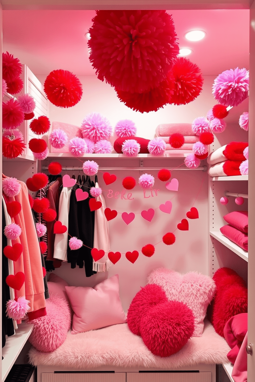 A whimsical Valentine's Day closet decorated with vibrant red and pink pom-poms hanging from the ceiling. The closet features heart-shaped garlands draped across the shelves, and a cozy seating area adorned with plush cushions in coordinating colors.