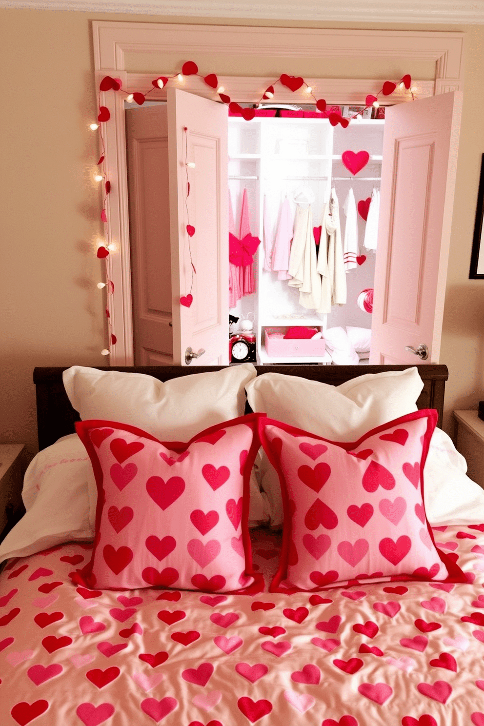 A cozy bedroom featuring heart-patterned bedding in shades of red and pink, layered with plush white throw pillows. The bed is framed by soft, ambient lighting from bedside lamps, creating a warm and inviting atmosphere. Adjacent to the bed, a stylish closet showcases Valentine's Day decorating ideas, adorned with delicate garlands of hearts and romantic-themed accessories. The closet doors are painted a soft pastel color, adding a cheerful touch to the overall decor.