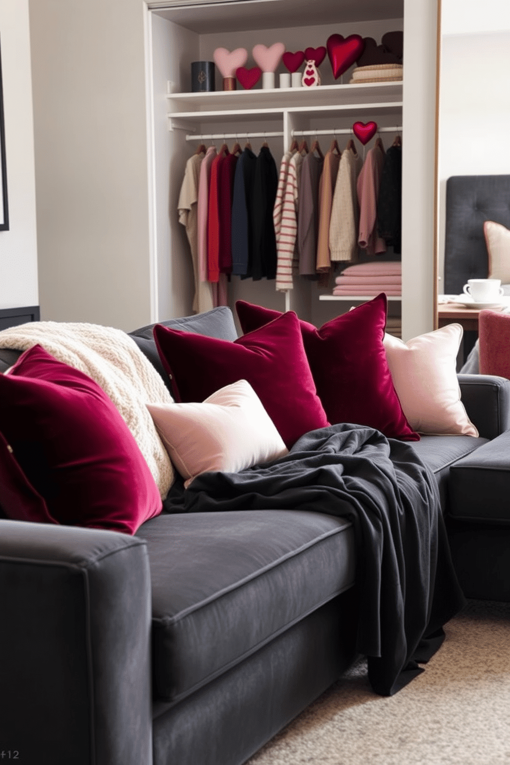 A cozy living room adorned with plush velvet cushions and throws in rich jewel tones. The cushions are artfully arranged on a deep gray sofa, complemented by a soft, textured throw draped casually over the armrest. A stylish bedroom featuring a walk-in closet decorated for Valentine's Day. Soft pink and red accents adorn the shelves, and heart-shaped decor is tastefully placed among neatly arranged clothing and accessories.