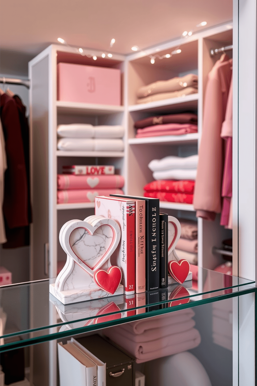 A pair of elegant love-themed bookends stands proudly on a sleek bookshelf, crafted from polished marble with intricate heart designs. Surrounding the bookends are neatly arranged books, some with romantic covers, creating a cozy reading nook perfect for Valentine's Day. In a stylish closet, soft pink and red accents enhance the Valentine's Day theme, with heart-shaped decorations adorning the shelves. Delicate fairy lights twinkle above, casting a warm glow on neatly folded sweaters and accessories, bringing a festive touch to everyday organization.