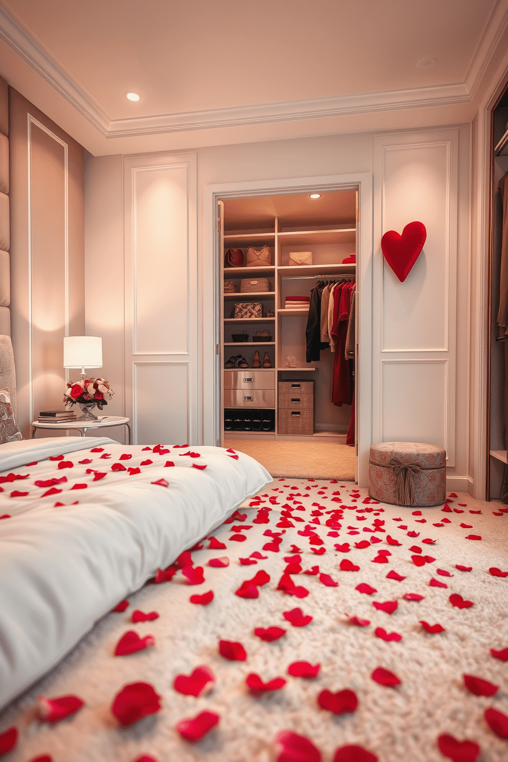 A romantic bedroom setting adorned with rose petals scattered delicately across the floor. The soft glow of candlelight reflects off the walls, creating an intimate atmosphere perfect for Valentine's Day. An elegant walk-in closet features plush carpeting and stylish shelving, showcasing a collection of luxurious accessories. Heart-shaped decorations and subtle floral accents enhance the romantic theme, making it a perfect space for a special celebration.