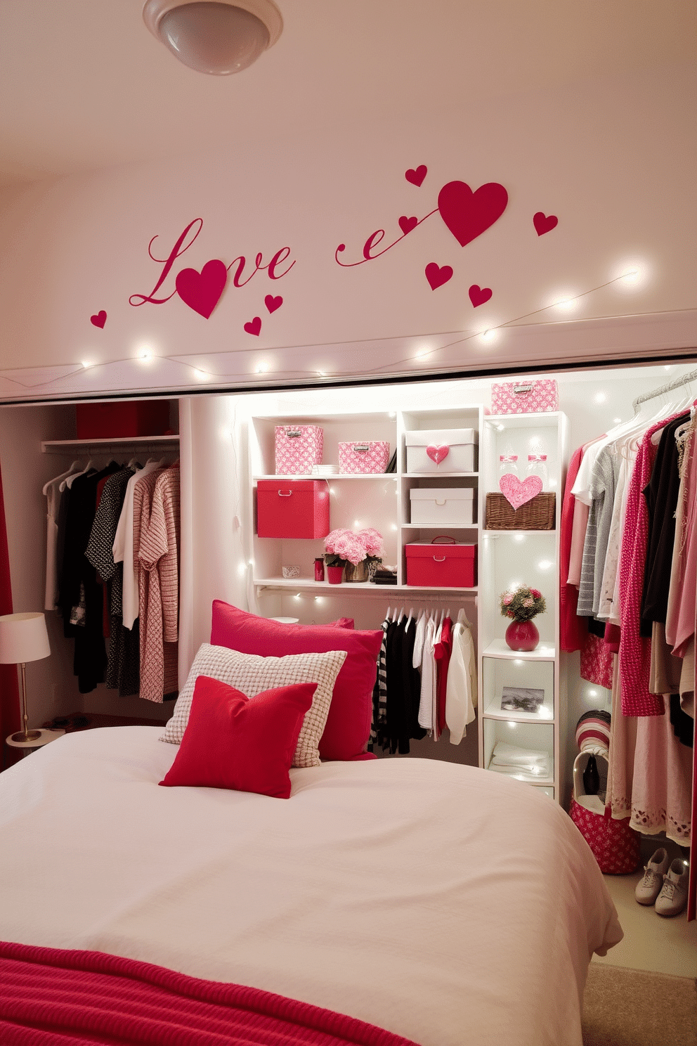 A romantic bedroom adorned with love-themed wall decals that feature elegant script and heart motifs in soft pastel colors. The decals are strategically placed above the bed, creating a whimsical focal point that enhances the cozy atmosphere. A spacious closet transformed for Valentine's Day with decorative elements such as red and pink accents, heart-shaped organizers, and fairy lights that twinkle softly. The closet space is inviting, showcasing beautifully arranged clothing and accessories that reflect the spirit of love.