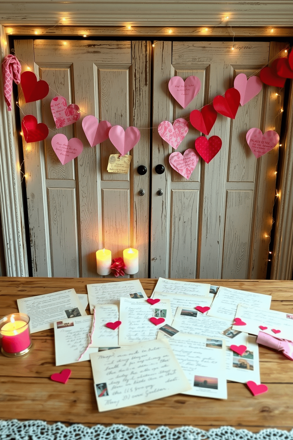 A charming display of vintage love letters is elegantly arranged on a rustic wooden table, surrounded by delicate lace and soft candlelight. Each letter, adorned with faded ink and intricate stamps, tells a story of romance, evoking a sense of nostalgia and warmth. For a Valentine's Day closet decoration, hang heart-shaped garlands made of recycled paper and vintage fabric across the closet doors. Soft pink and red accents, along with twinkling fairy lights, create a whimsical and inviting atmosphere perfect for celebrating love.