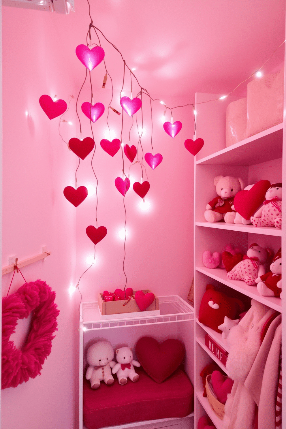 A whimsical closet adorned with string lights shaped like hearts creates a romantic ambiance for Valentine's Day. The walls are painted in soft pastels, and the shelves are filled with neatly arranged seasonal decorations, including plush toys and themed accessories.