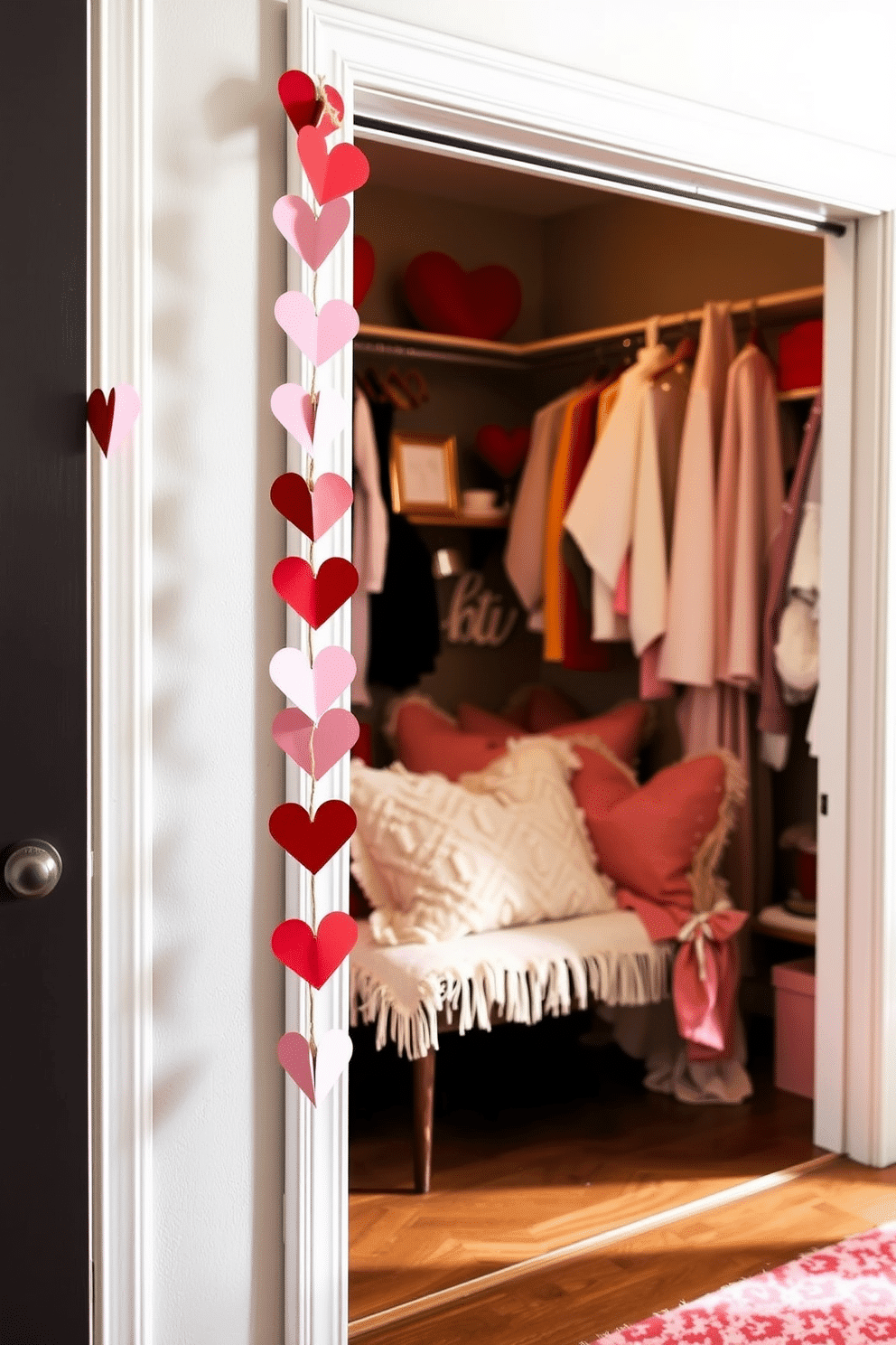 A charming DIY heart garland decorates the entryway, featuring handcrafted paper hearts in shades of red and pink strung together with twine. The garland gently sways with the breeze, adding a whimsical touch to the festive atmosphere. In the closet, a romantic Valentine's Day theme is brought to life with soft lighting and delicate accents. Heart-shaped pillows and cozy throws are arranged to create an inviting nook for relaxation and celebration.