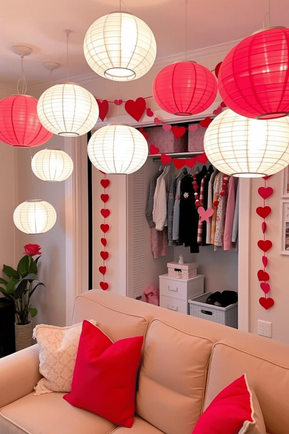 A cozy living room adorned with hanging paper lanterns that cast a warm, inviting glow. The lanterns are suspended at varying heights, creating a whimsical atmosphere that complements the soft, plush seating and vibrant throw pillows. A stylish closet decorated for Valentine's Day, featuring heart-shaped garlands draped across the shelves. Delicate pink and red accents, such as floral arrangements and themed storage boxes, add a romantic touch to the organized space.