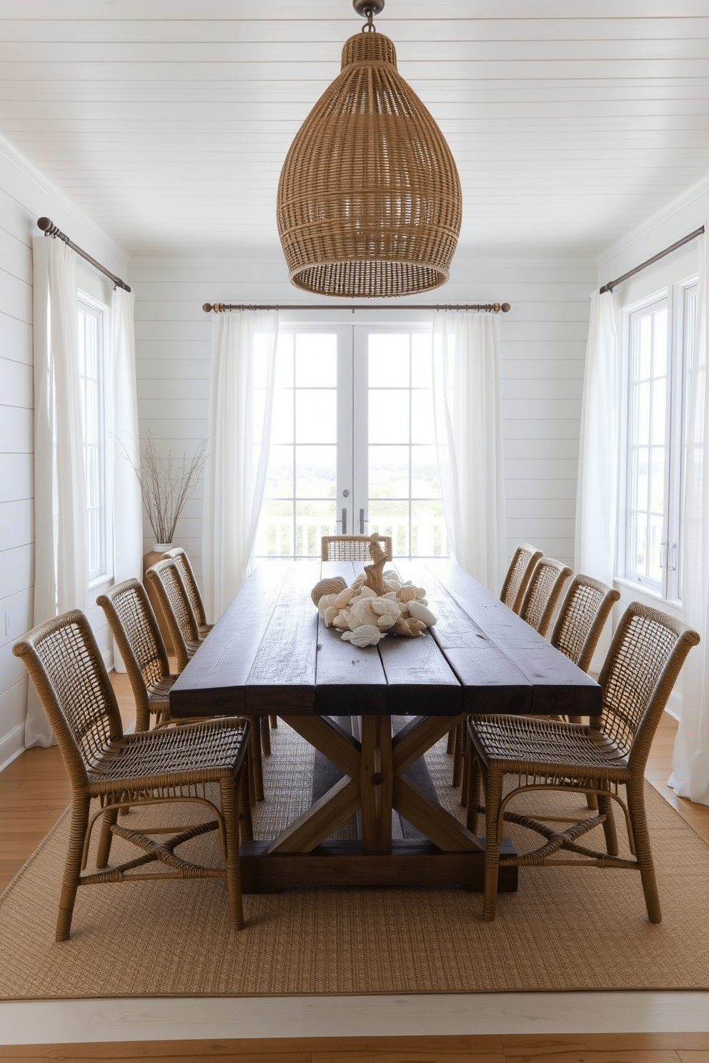 Bright white shiplap walls create a breezy, coastal charm that enhances the airy feel of the dining room. A large, rustic wooden dining table is surrounded by woven chairs, with a centerpiece of seashells and driftwood for added texture. Natural light floods the room through large windows, adorned with sheer linen curtains that flutter gently in the breeze. A statement pendant light made from rattan hangs above the table, casting a warm glow during evening meals.