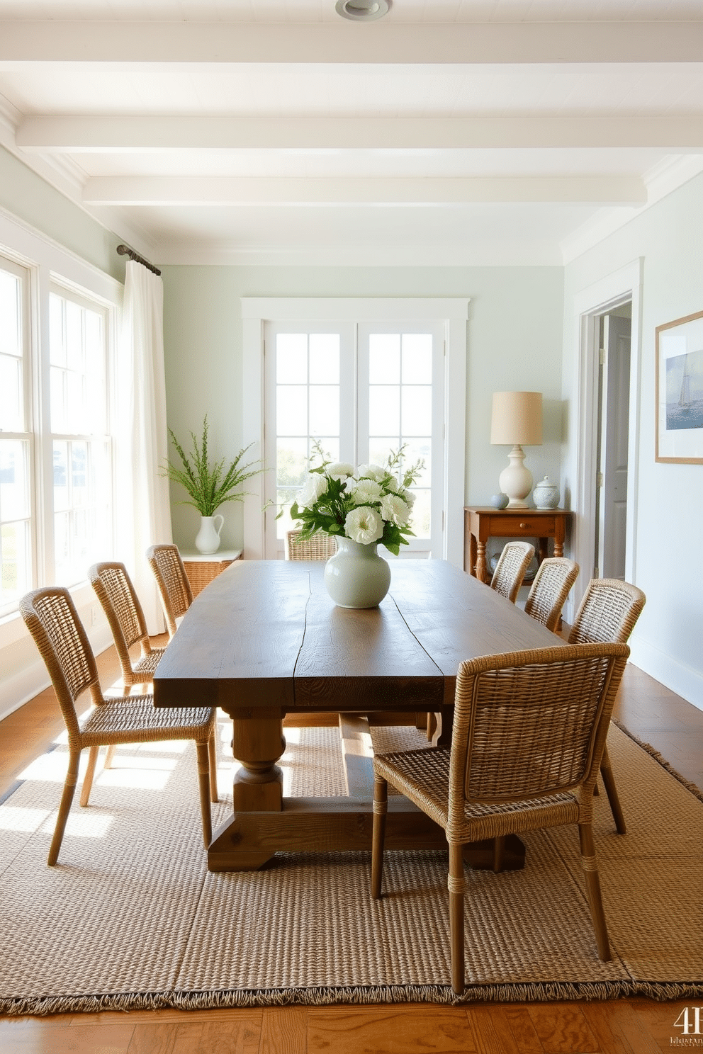 A coastal dining room features a light, airy atmosphere with large windows that allow natural light to flood the space. The dining table is made of reclaimed wood, surrounded by woven chairs that complement the natural fiber rugs laid beneath, adding warmth and texture to the room. Soft, pastel colors dominate the decor, with seafoam green and sandy beige accents throughout. A centerpiece of fresh flowers in a ceramic vase sits atop the table, while nautical-themed artwork adorns the walls, enhancing the coastal vibe.