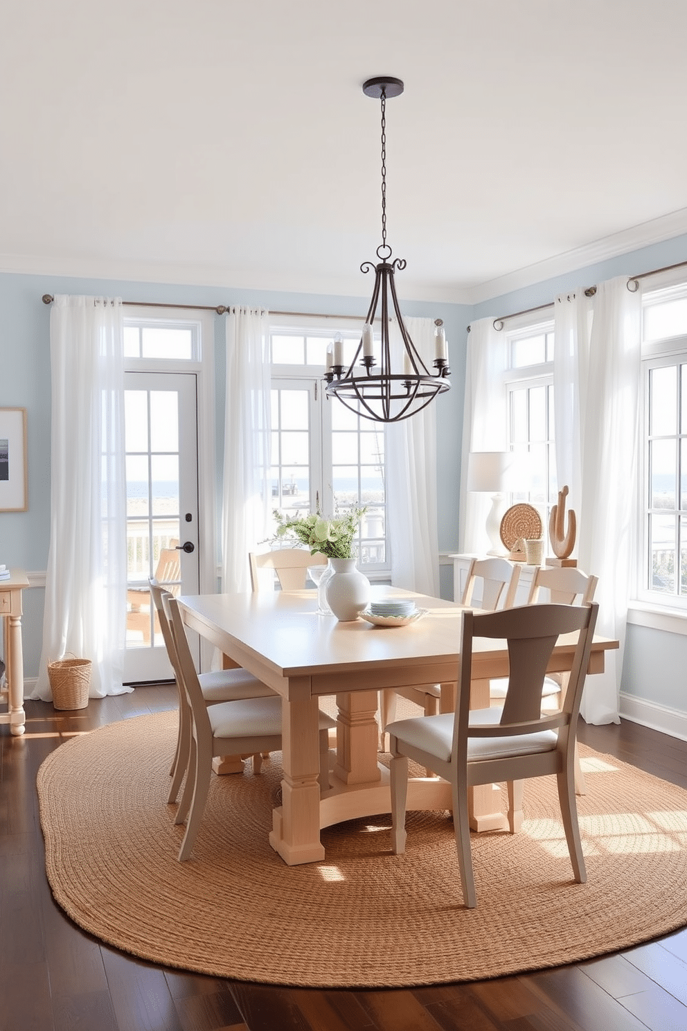 A pale wood dining set is the centerpiece of this coastal dining room, featuring a sleek table surrounded by matching chairs with soft, cushioned seats. Large windows allow natural light to flood the space, while sheer white curtains flutter gently in the breeze, enhancing the fresh and airy atmosphere. The walls are painted in a light blue hue reminiscent of the ocean, complemented by nautical-themed decor and artwork. A woven jute rug anchors the dining area, adding texture and warmth to the overall design.