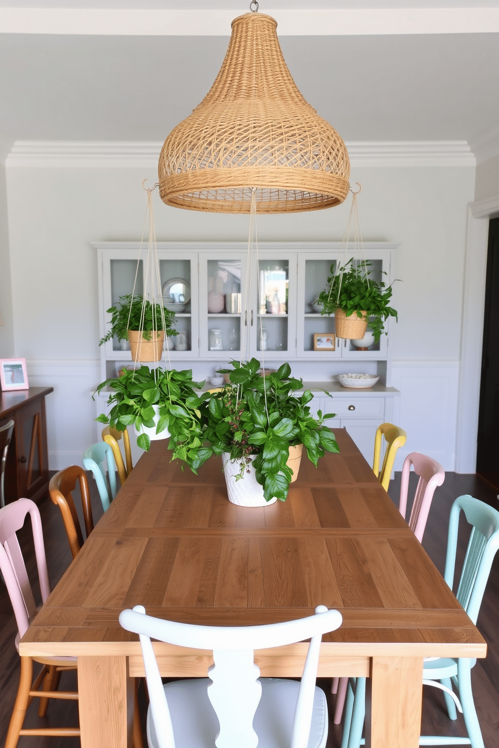 A coastal dining room features a large wooden table with a weathered finish, surrounded by mismatched chairs in soft pastel colors. Above the table, hanging planters filled with lush greenery dangle from a woven rattan chandelier, bringing a touch of freshness and vibrancy to the space.