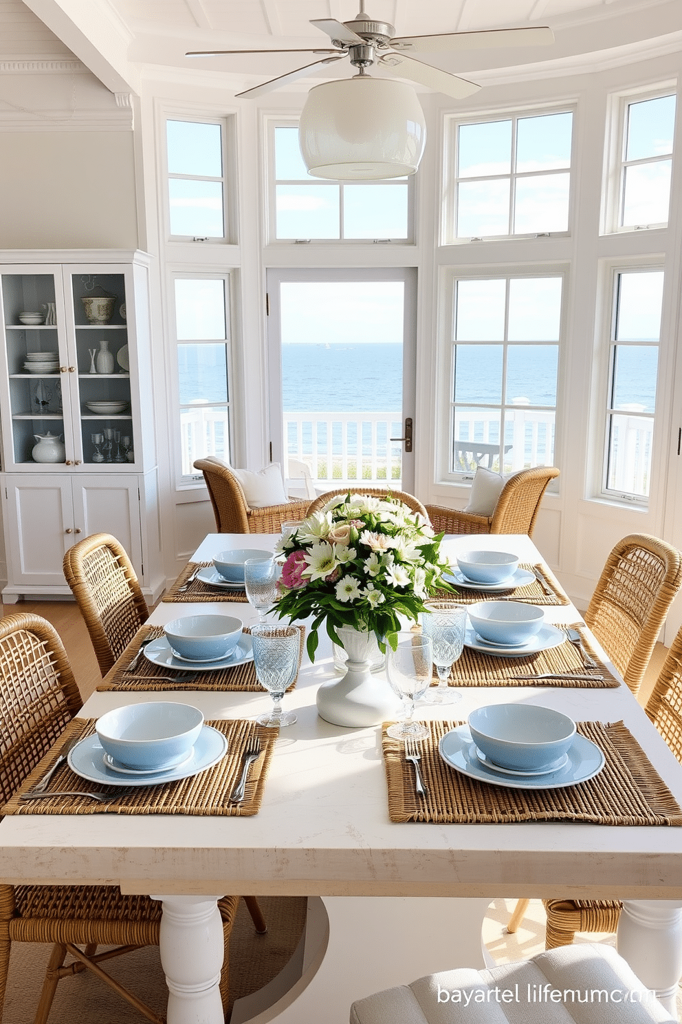 A coastal dining room with a light, airy atmosphere. The table is set with bamboo placemats, enhancing the organic finish, while soft blue and white dinnerware complements the beachy theme. Large windows allow natural light to flood the space, showcasing views of the ocean. Woven chairs surround the table, and a centerpiece of fresh flowers adds a pop of color.