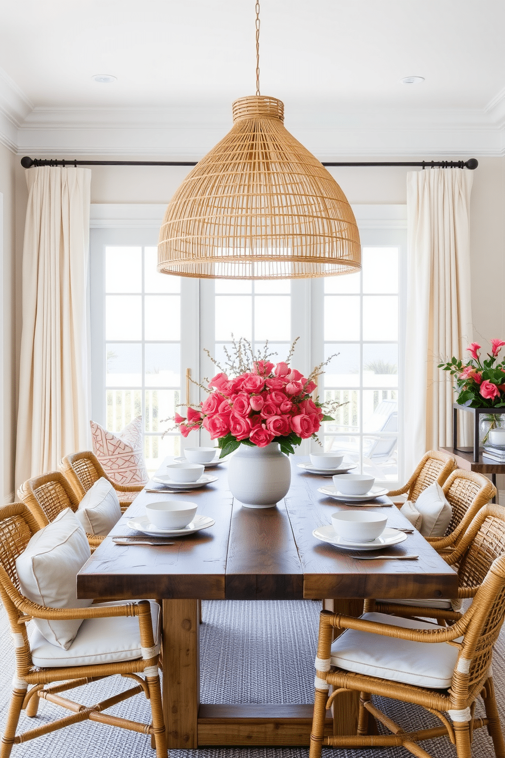 A coastal dining room featuring muted coral accents that provide a vibrant pop of color against a backdrop of soft white walls. The dining table is made of reclaimed wood, surrounded by rattan chairs with plush cushions, while a large pendant light made of woven sea grass hangs above. The centerpiece is a stunning arrangement of coral-hued flowers in a ceramic vase, complemented by simple white dinnerware set on the table. Natural light floods the space through large windows adorned with sheer linen curtains, enhancing the airy, beach-inspired atmosphere.