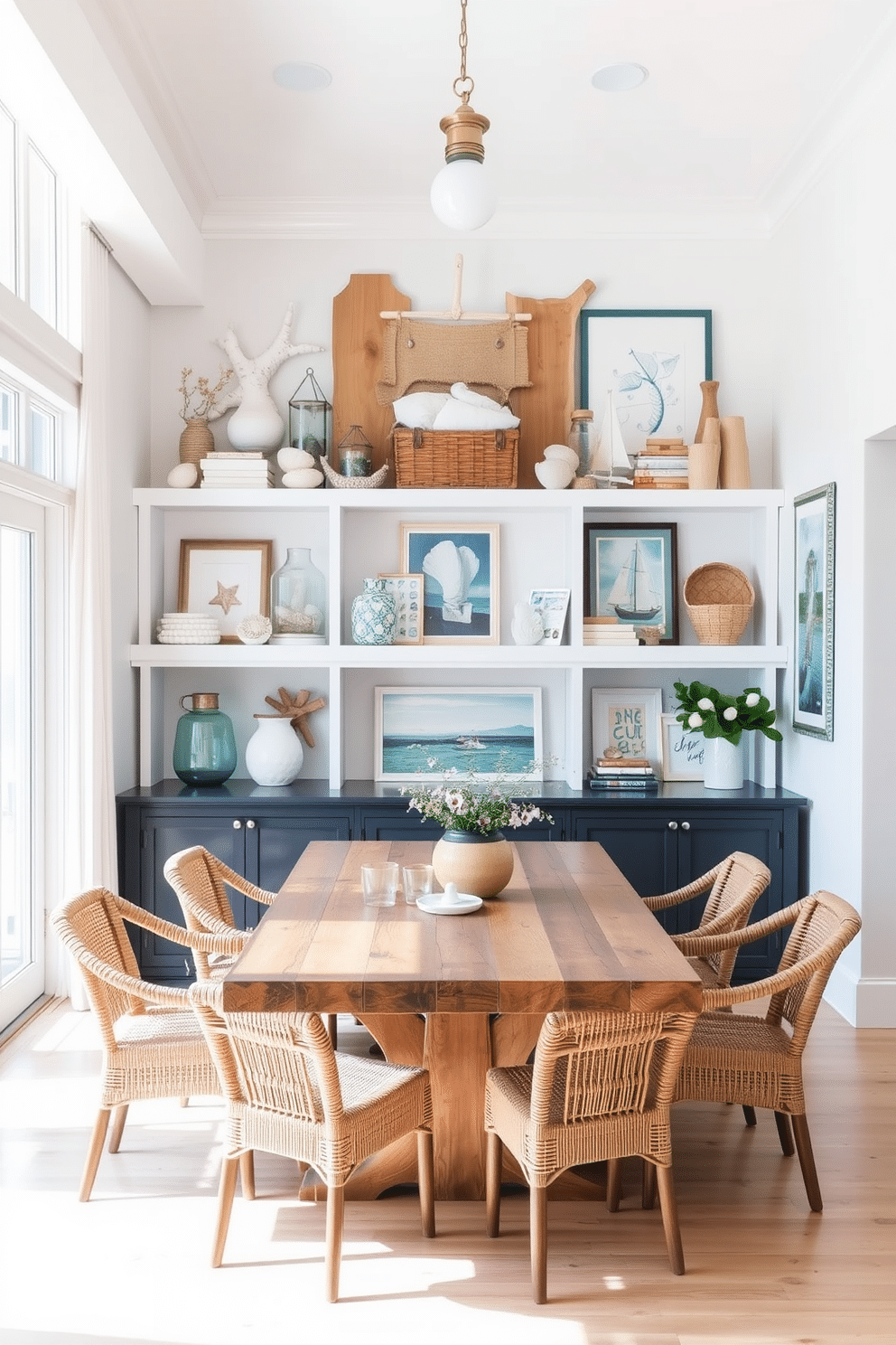 A bright and airy coastal dining room features open shelving adorned with an array of coastal decor, including seashells, driftwood accents, and nautical-themed artwork. The dining table, made of reclaimed wood, is surrounded by woven chairs that enhance the beachy vibe, while large windows allow natural light to flood the space.