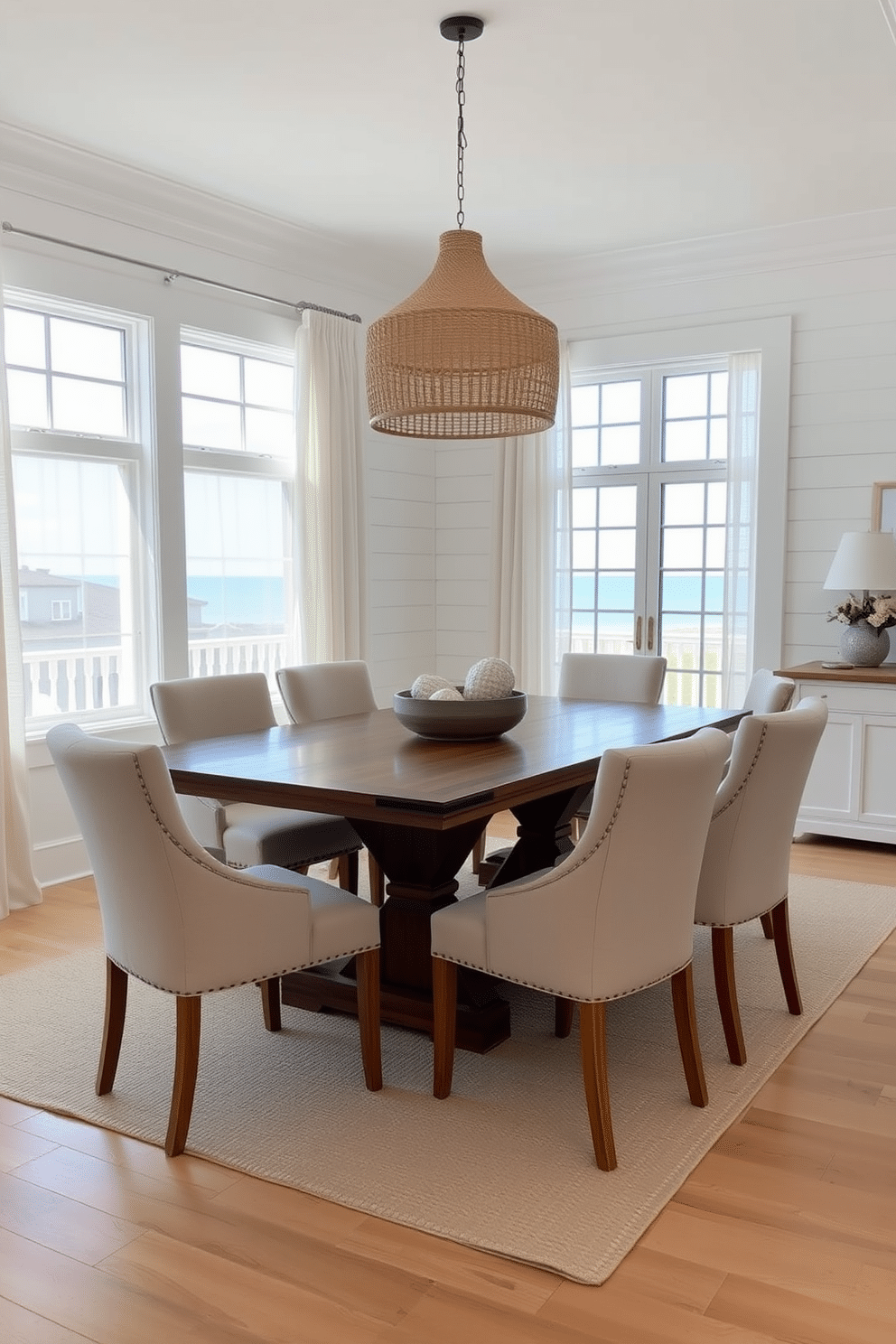 A serene coastal dining room featuring a neutral color palette that evokes a sense of calm. The space includes a large wooden dining table surrounded by upholstered chairs in soft beige, illuminated by a woven pendant light overhead. The walls are painted in a light sandy hue, complemented by white shiplap accents. Large windows allow natural light to flood in, framed by sheer linen curtains that sway gently with the sea breeze.