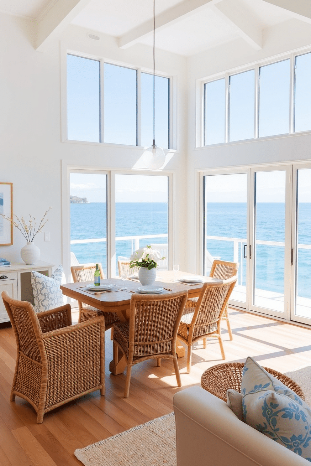 A coastal dining room bathed in natural light from large, floor-to-ceiling windows that frame a stunning ocean view. The room features a light wood dining table surrounded by woven rattan chairs, complemented by soft blue and white accents throughout.