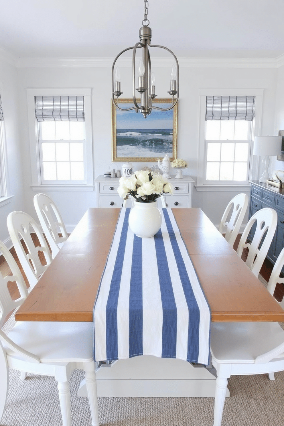 A coastal dining room features a beautiful nautical striped table runner that adds texture and visual interest to the space. The dining table is surrounded by light, airy chairs in a soft white finish, complemented by a backdrop of ocean-inspired artwork on the walls.