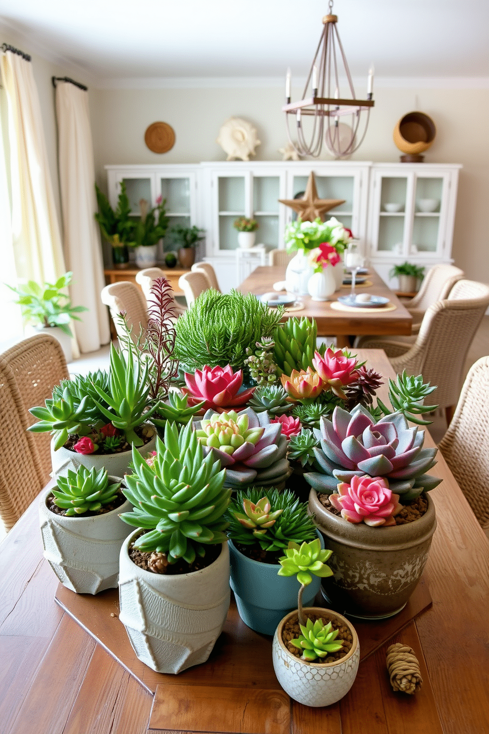 A collection of vibrant succulent arrangements in various textured pots, showcasing a mix of colors and shapes for easy maintenance. The display features a combination of trailing and upright varieties, arranged on a rustic wooden table under soft, natural light. A coastal dining room designed with light, airy colors and natural materials, featuring a large, weathered wood dining table surrounded by woven chairs. The space is adorned with ocean-themed decor, including seashell centerpieces and soft, flowing curtains that evoke a breezy seaside atmosphere.