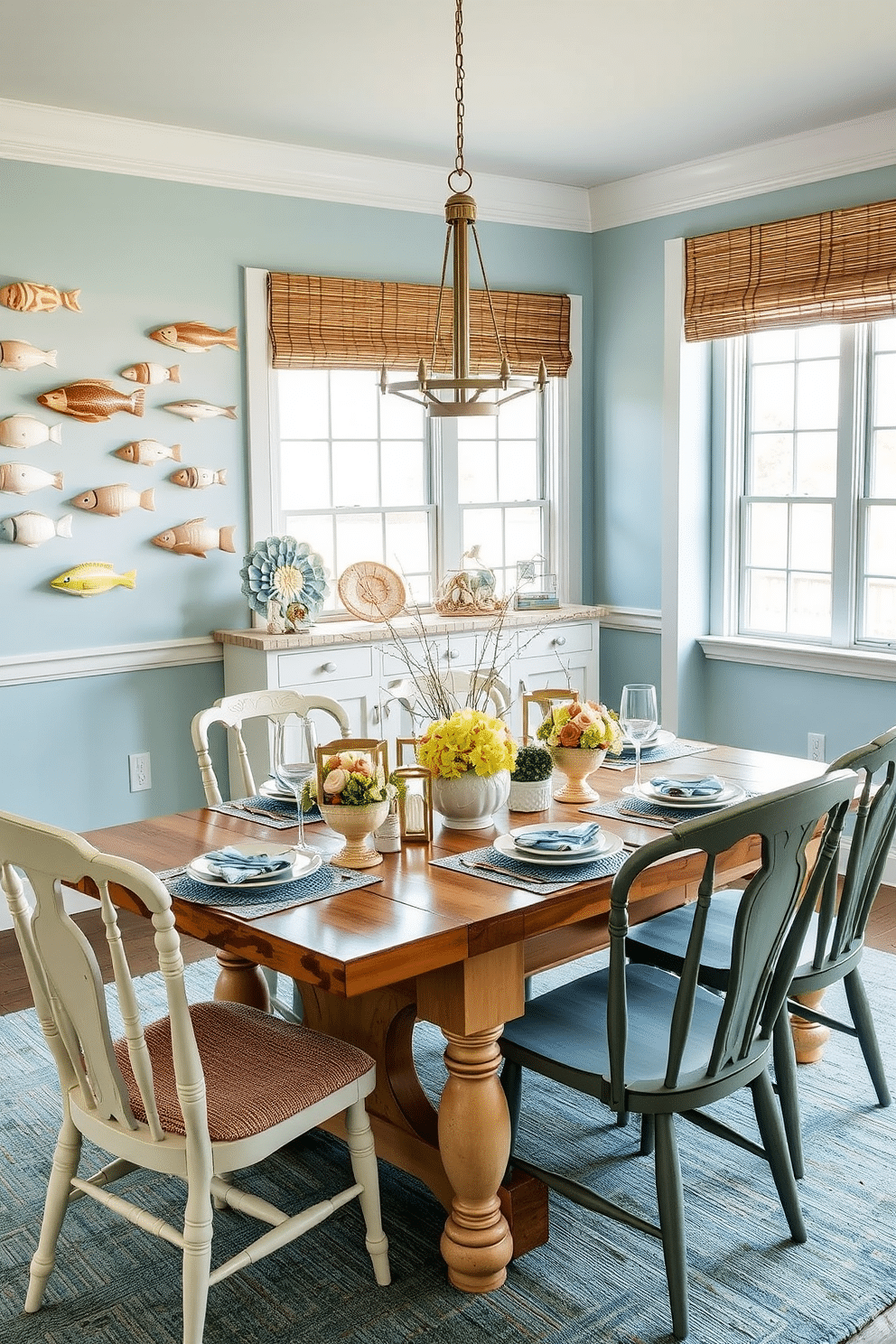 A whimsical coastal dining room features ceramic fish decor artfully arranged on the walls, bringing a playful touch to the space. The dining table is a rustic wood finish, surrounded by mismatched chairs that add charm and character. Soft blue and sandy beige tones dominate the color palette, evoking the serene essence of the beach. Natural light floods in through large windows, highlighting the ocean-themed centerpieces and vibrant table settings.