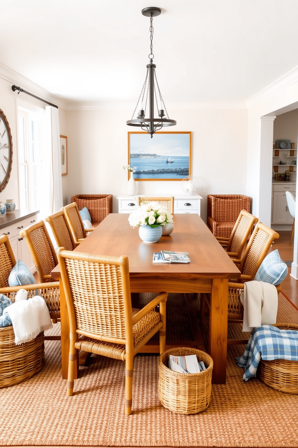 A bright coastal dining room features a large wooden table surrounded by rattan chairs, creating a relaxed yet elegant atmosphere. Soft blue and white accents adorn the space, with a large woven rug underfoot and nautical-themed artwork hanging on the pale beige walls. Wicker baskets are strategically placed around the room, offering stylish storage solutions while enhancing the coastal aesthetic. These baskets are filled with soft throws and magazines, adding both functionality and charm to the inviting dining area.