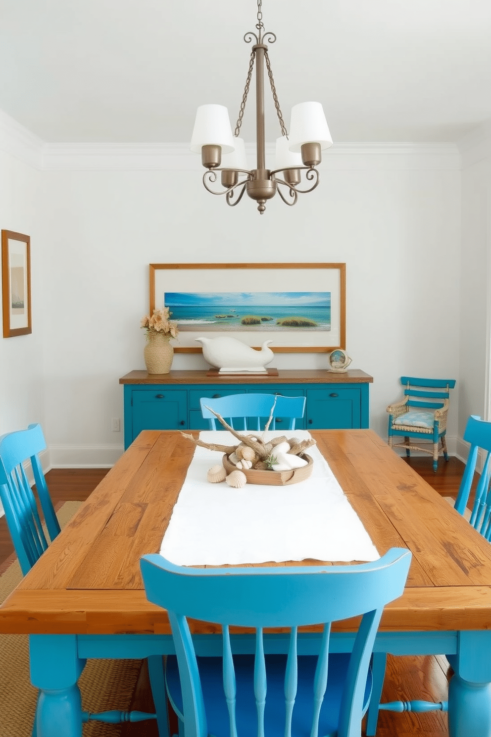 A coastal dining room features ocean blue dining chairs that create a bold statement against a backdrop of light, airy walls. The table, made of reclaimed wood, is adorned with a simple white tablecloth and a centerpiece of seashells and driftwood, capturing the essence of beachside living.