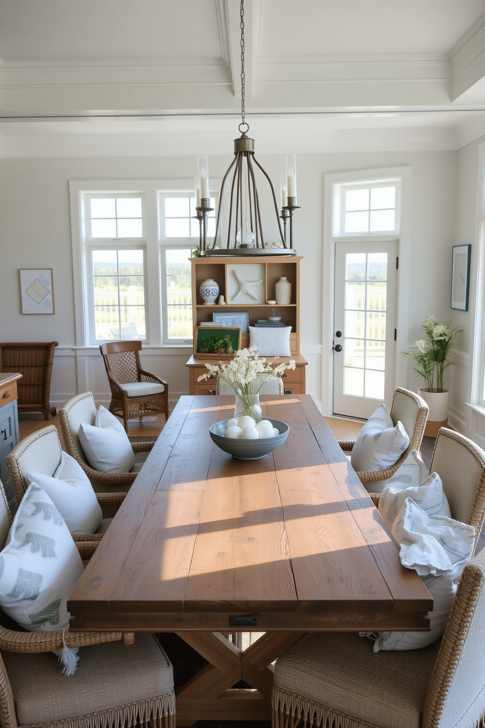 A coastal dining room features a large, weathered wood table surrounded by comfortable chairs adorned with beachy throw pillows in soft blues and whites. Natural light floods the space through large windows, highlighting the light, airy color palette and the subtle textures of the ocean-inspired decor.