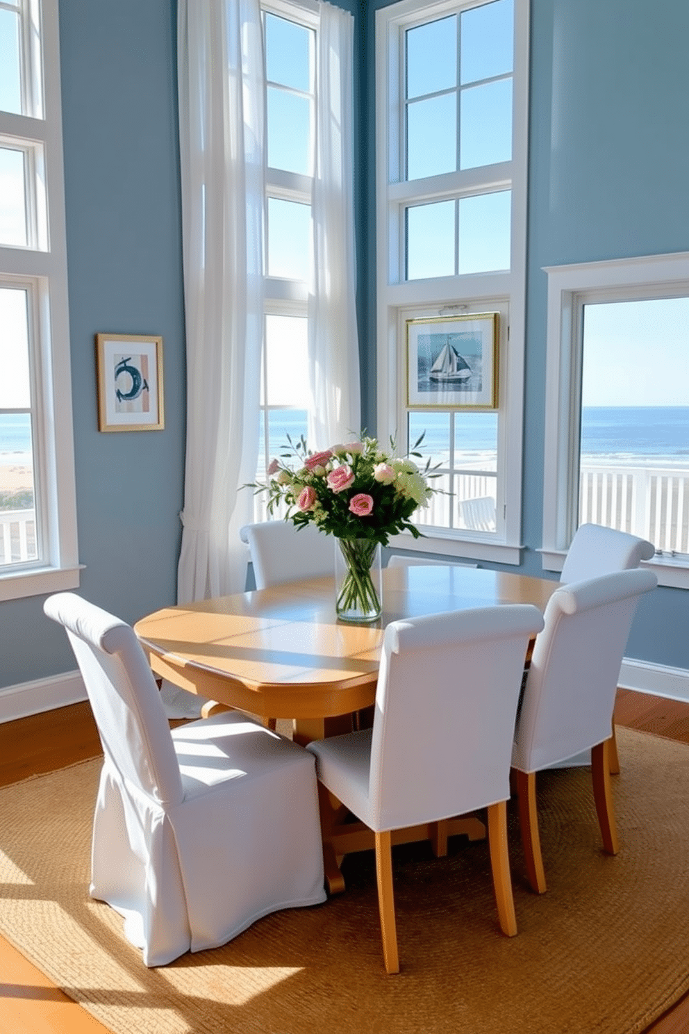 A serene coastal dining room features a light wood table surrounded by white, slipcovered chairs. Large windows allow natural light to flood the space, showcasing ocean views and sheer white curtains that gently sway with the breeze. The walls are painted in soft blue tones, complemented by nautical-themed artwork. A centerpiece of fresh flowers in a glass vase adds a touch of color, while a woven jute rug anchors the room, enhancing the coastal vibe.