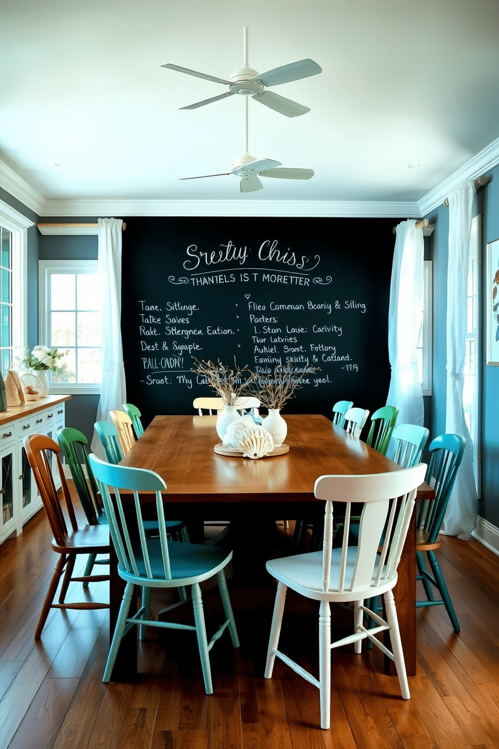 A chalkboard wall serves as a dynamic backdrop for a coastal dining room, allowing for daily menus or inspiring quotes to be easily updated. The space features a large wooden dining table surrounded by mismatched chairs in soft pastel hues, evoking a relaxed seaside atmosphere. Natural light floods the room through large windows adorned with sheer white curtains that flutter gently in the breeze. Coastal-themed decor, such as seashell centerpieces and nautical artwork, adds character and warmth to the inviting dining area.