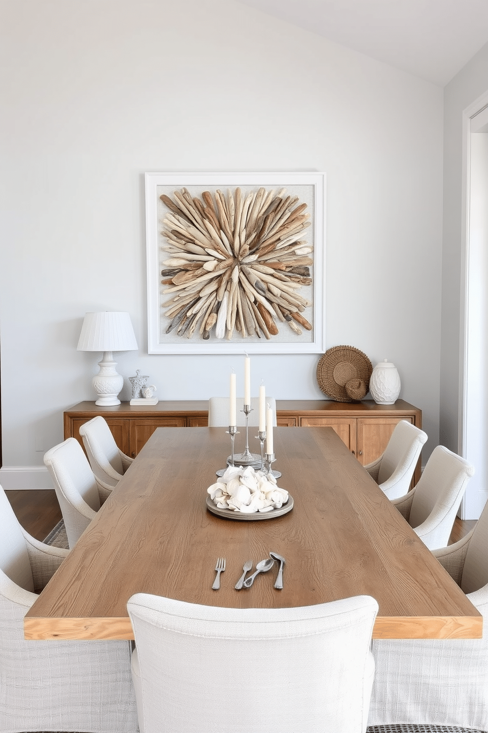 Textured wall art featuring a mix of natural materials such as driftwood and woven fibers creates a stunning focal point. The art is framed in a simple white frame, enhancing the coastal theme of the space. A coastal dining room showcases a large wooden table with a weathered finish, surrounded by light, airy chairs upholstered in soft linen. The room is adorned with soft blue accents and nautical decor, including a centerpiece of seashells and candles.