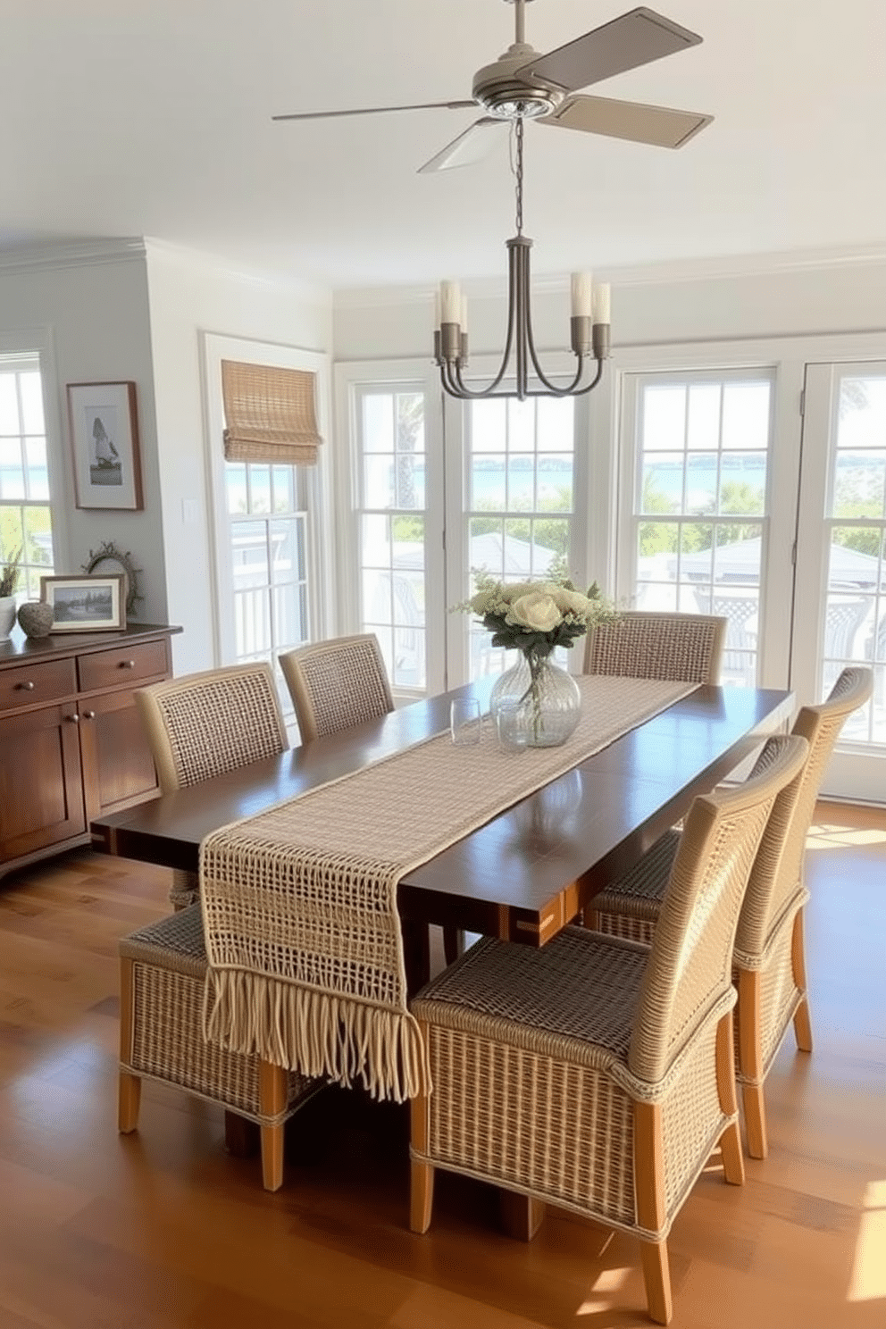 A coastal dining room featuring a seagrass table runner that adds a natural texture to the space. The dining table is surrounded by light-colored, woven chairs, and large windows allow for plenty of sunlight to illuminate the room.