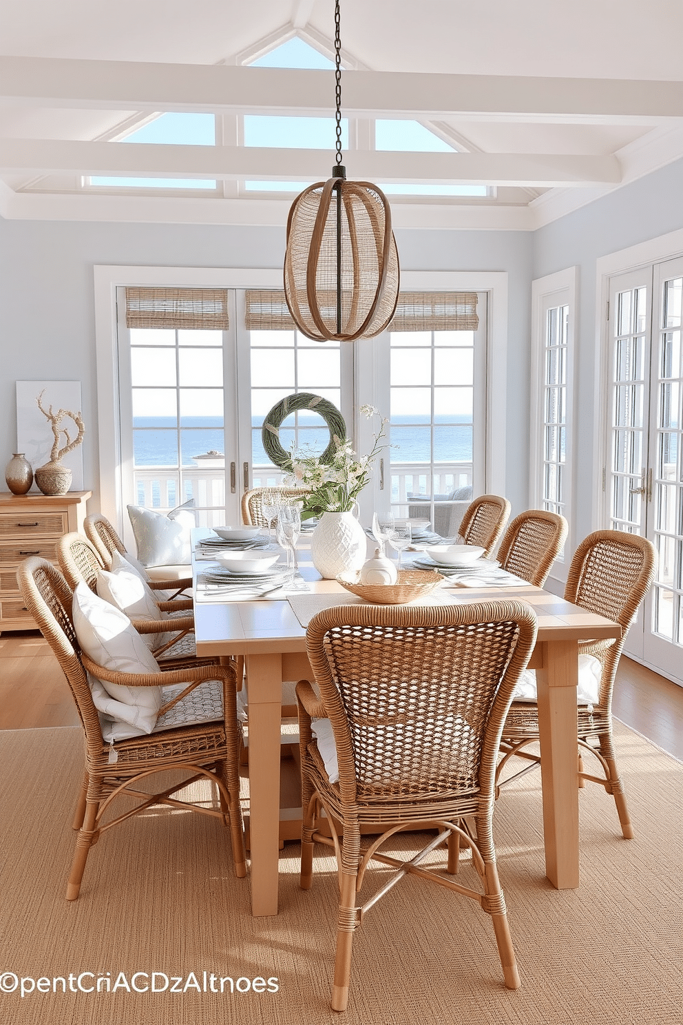 A coastal dining room featuring woven rattan chairs that evoke a beachy feel. The table is a light wood finish, surrounded by soft, airy linens and ocean-inspired decor. Large windows allow natural light to flood the space, showcasing views of the sea. Soft blue and sandy beige tones dominate the color palette, creating a serene and inviting atmosphere.