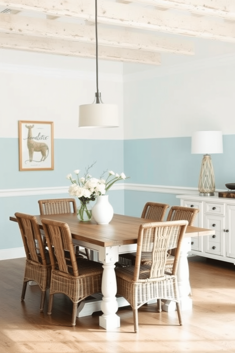 A coastal dining room featuring a light blue accent wall that evokes a serene atmosphere. The dining table is a rustic wood with whitewashed finishes, surrounded by woven chairs that add texture and warmth.