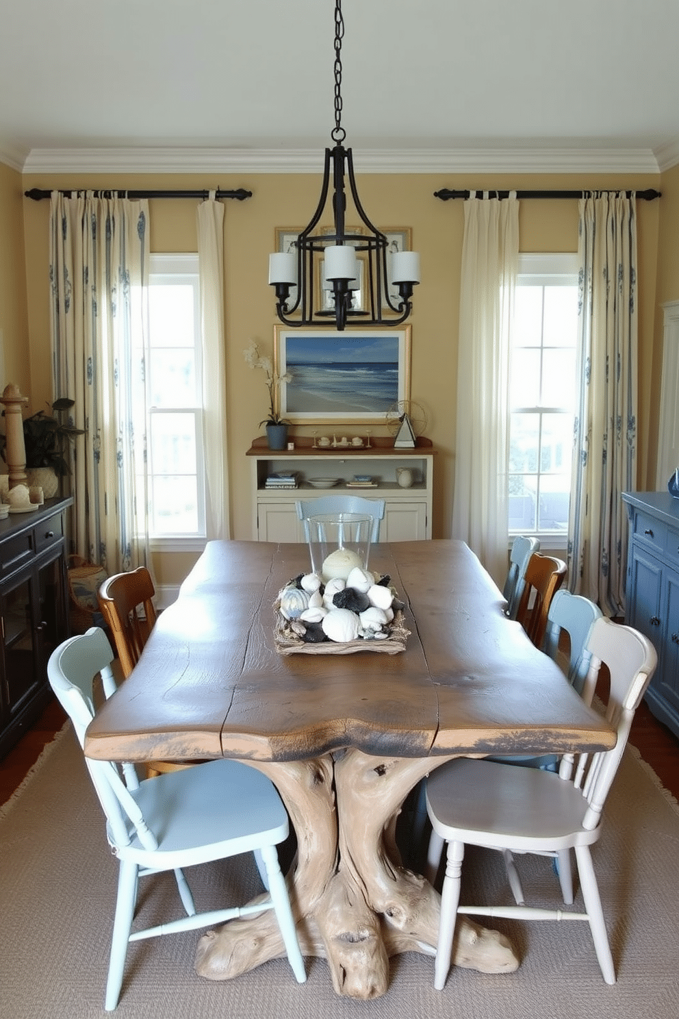 A driftwood dining table takes center stage in a coastal-inspired dining room, surrounded by mismatched chairs that add character and charm. Soft, natural light filters through sheer curtains, illuminating the space adorned with nautical decor and a calming palette of blues and whites. The walls are painted in a soft sandy beige, complementing the warm tones of the driftwood and creating an inviting atmosphere. A centerpiece of seashells and driftwood accents sits atop the table, enhancing the rustic elegance of this coastal retreat.