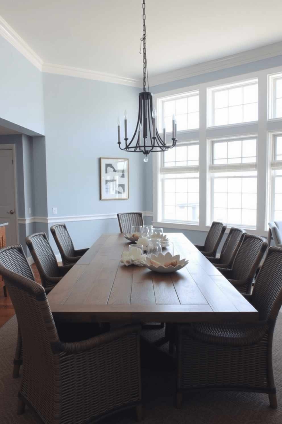 A coastal dining room featuring a large wooden table surrounded by woven chairs, adorned with seashell centerpieces that add a touch of natural decor. The walls are painted in a soft blue hue, and large windows allow ample sunlight to flood the space, enhancing the beachy ambiance.