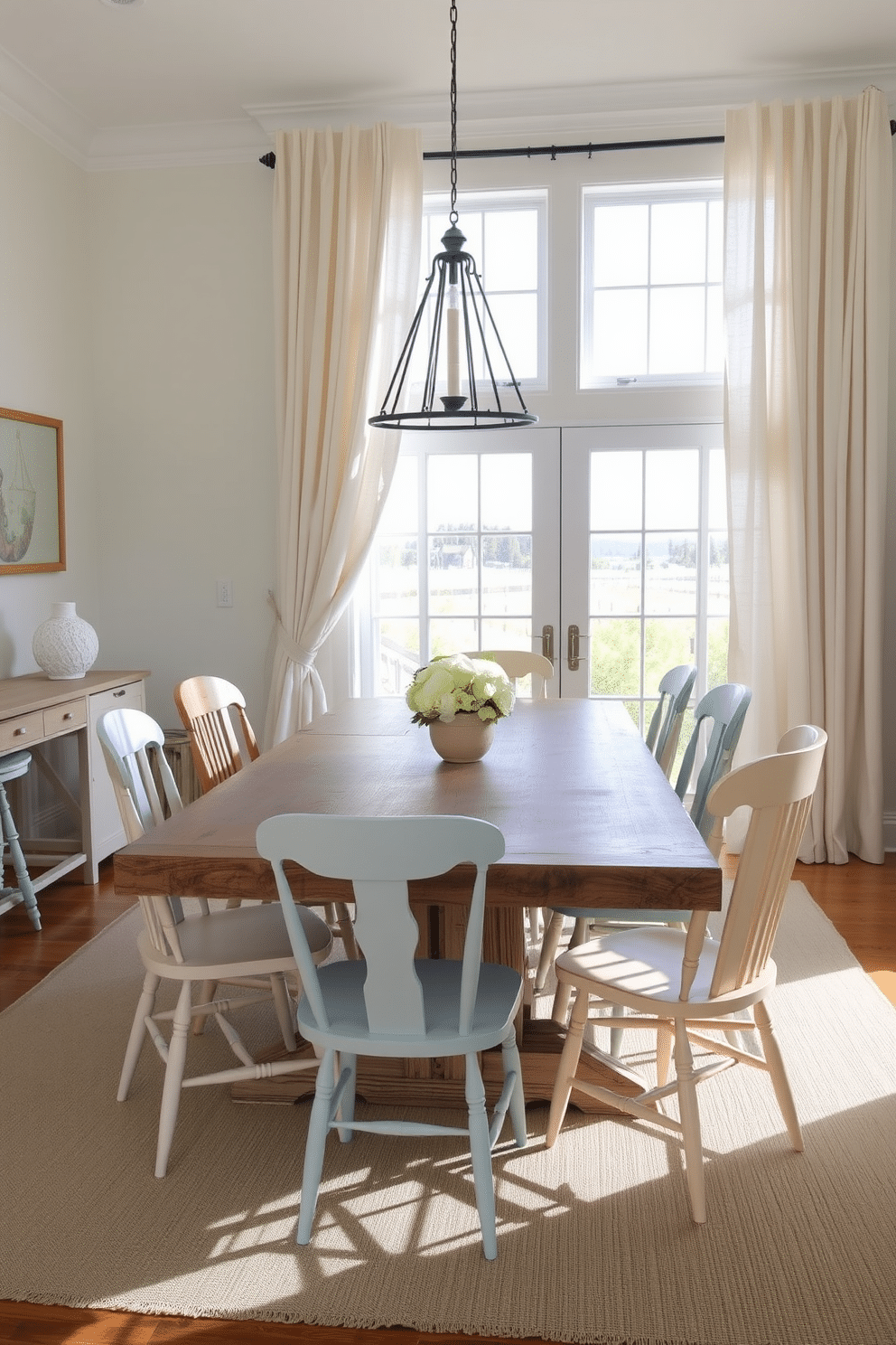 A coastal dining room features a large, weathered wooden table surrounded by mismatched chairs in soft pastel colors. Soft linen curtains drape elegantly from the windows, allowing natural light to flood the space and create an airy ambiance.