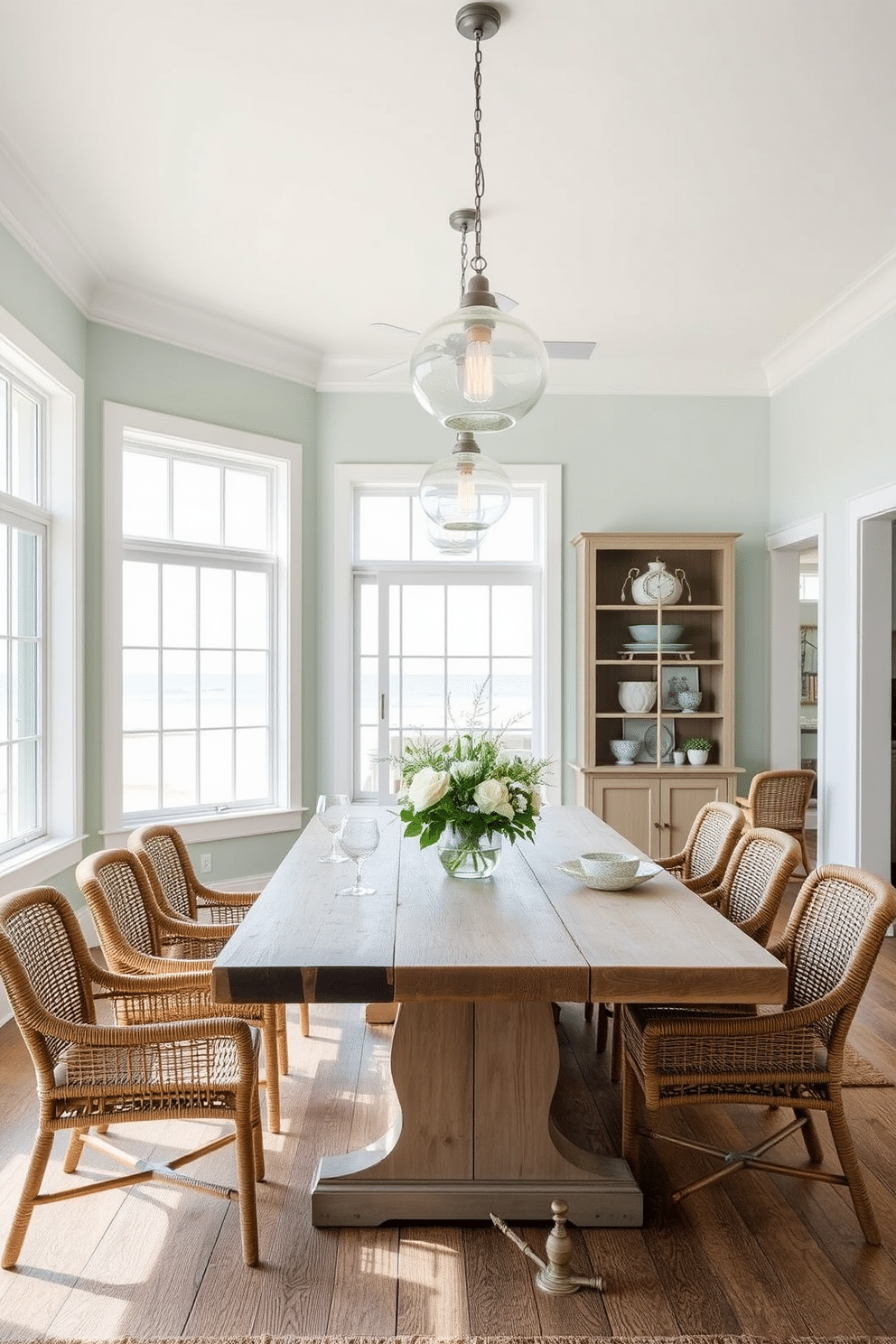 A coastal dining room featuring a large wooden table with a light, weathered finish surrounded by woven rattan chairs. Above the table, elegant glass pendant lights hang, casting a soft, inviting glow that mimics the shimmering ocean. The walls are painted in a soft seafoam green, enhancing the airy ambiance of the space. Large windows allow natural light to flood in, showcasing views of the beach and providing a seamless connection to the outdoors.