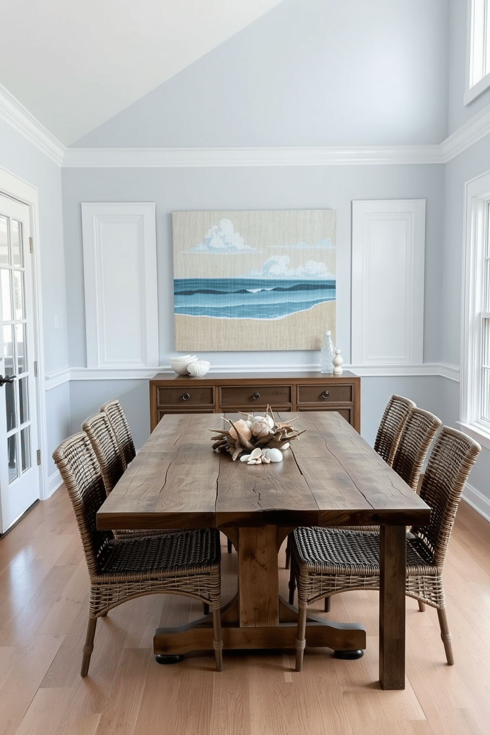 A coastal dining room featuring ocean-inspired artwork on the walls. The space is adorned with a large, textured canvas depicting a serene beach scene, complemented by soft blue and sandy beige tones throughout the decor. A rustic wooden dining table sits at the center, surrounded by woven chairs that evoke a relaxed seaside atmosphere. Natural light floods the room through large windows, enhancing the airy feel and showcasing a centerpiece of seashells and driftwood.