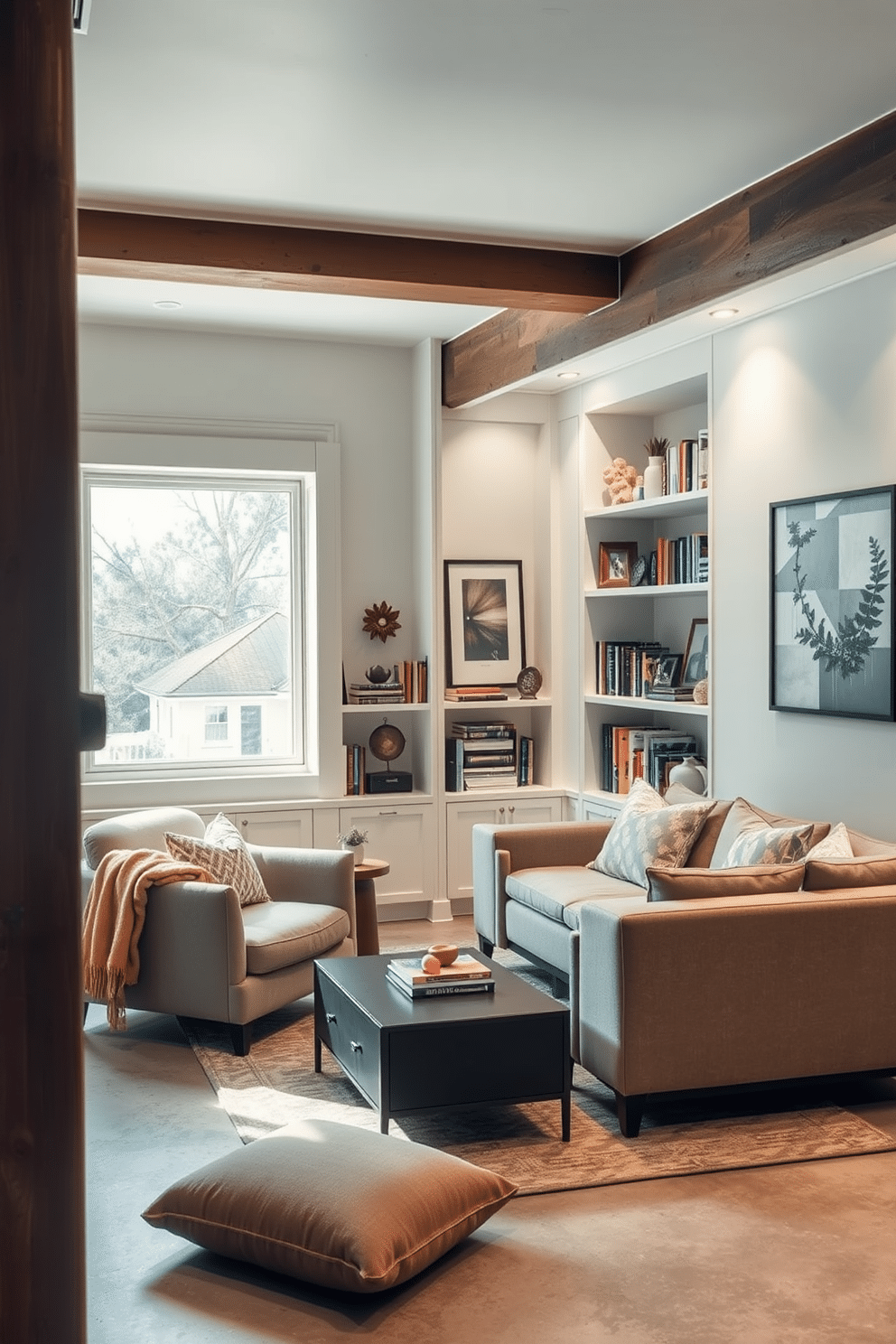 Cozy reading nook with built-in shelves. A plush armchair in a soft fabric is positioned next to a small wooden side table, with a warm throw blanket draped over the arm. The built-in shelves are filled with an array of books, framed photos, and decorative items, while a large window allows natural light to flood the space, creating a welcoming atmosphere. Concrete Basement Design Ideas. The basement features polished concrete floors and exposed beams, giving it an industrial yet modern feel. A comfortable sectional sofa is arranged around a sleek coffee table, and strategically placed LED lighting highlights the artwork on the walls, making the space both functional and inviting.