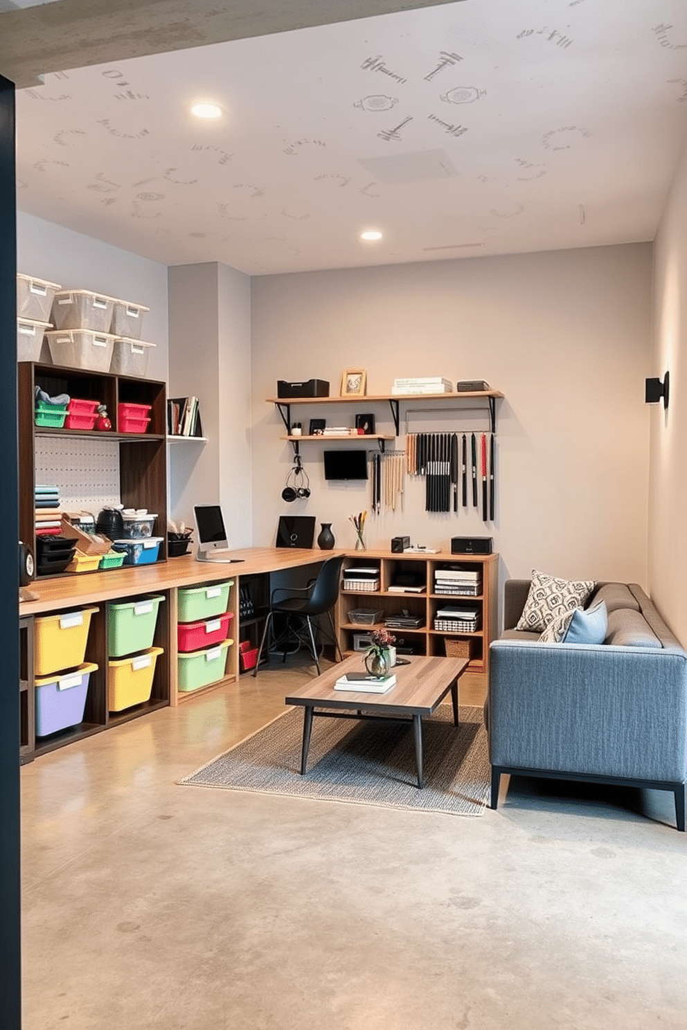 A cozy craft corner featuring organized storage solutions. The space includes a large wooden table surrounded by colorful storage bins, while wall-mounted shelves display various art supplies and tools. A modern concrete basement designed for both relaxation and functionality. The area incorporates a sleek seating arrangement with a minimalist coffee table, complemented by a polished concrete floor and ambient lighting fixtures.