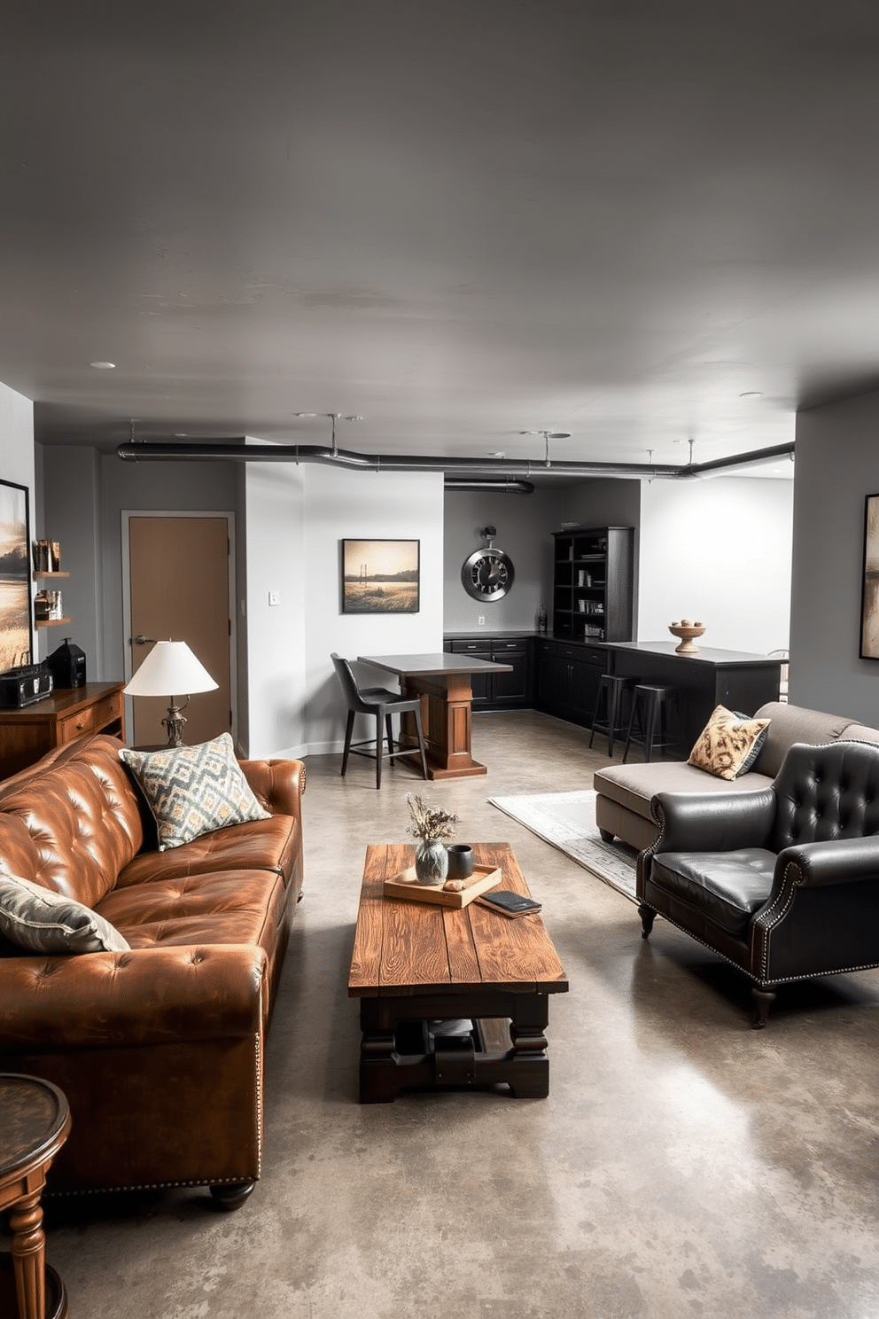 A cozy living room featuring vintage furniture that exudes rustic charm. A weathered leather sofa is paired with a reclaimed wood coffee table, and an antique armchair adds character to the space. An industrial-inspired concrete basement designed for both relaxation and entertainment. The walls are painted in a soft gray, complemented by a polished concrete floor, while a plush sectional sofa and a sleek bar area create a welcoming atmosphere.