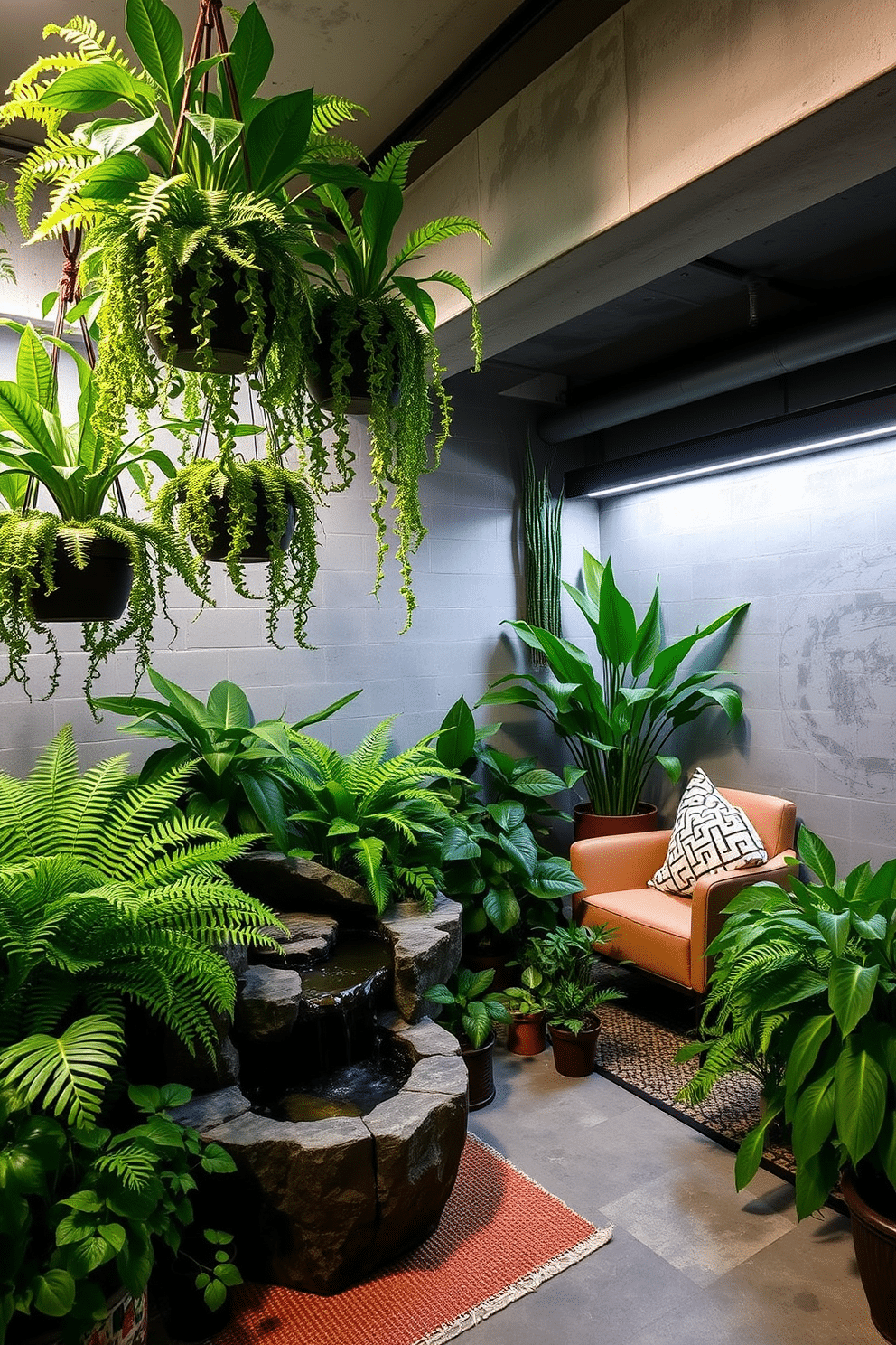 A serene indoor garden filled with low-light plants creates a tranquil retreat. Lush ferns, snake plants, and pothos cascade from hanging planters, while a small water feature adds a soothing sound to the space. The concrete basement design features an industrial aesthetic with exposed beams and polished concrete floors. Cozy seating areas are defined by area rugs, and strategically placed LED lighting highlights the unique textures of the walls.