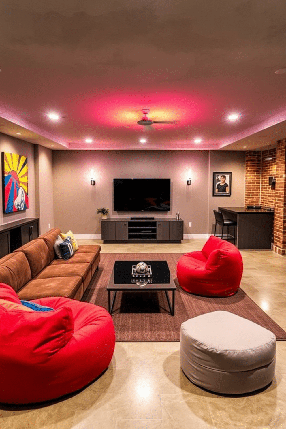 A vibrant game room featuring a plush sectional sofa and oversized bean bags arranged around a sleek coffee table. The walls are adorned with colorful artwork, and a large flat-screen TV is mounted above a stylish media console. The concrete basement design incorporates polished concrete floors for a modern aesthetic, complemented by exposed brick walls. Ambient lighting fixtures are strategically placed to create a warm and inviting atmosphere, while a cozy lounge area is set up with contemporary furniture and a small bar counter.